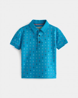 Kids' Ted Baker Nandru Branded Print Cotton Polo Shirts Blue India | WSL-6945