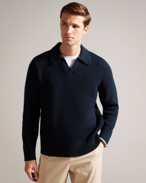 Men's Ted Baker Ademy Ribbed Knit Polo Neck Jumpers Navy India | STG-9262