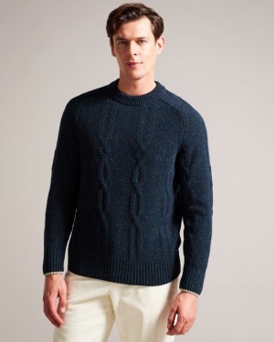 Men's Ted Baker Enroe Crew Neck With Cable Detail Jumpers Navy India | GDK-7543