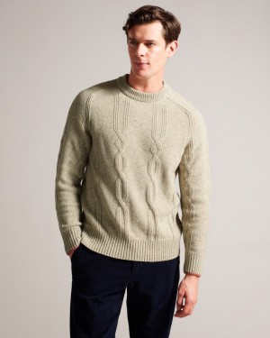 Men's Ted Baker Enroe Crew Neck With Cable Detail Jumpers Grey Brown India | BEE-1915
