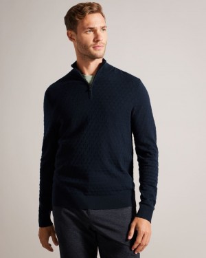 Men's Ted Baker Kurnle Textured Knit Funnel Neck Jumpers Navy India | LUH-4627