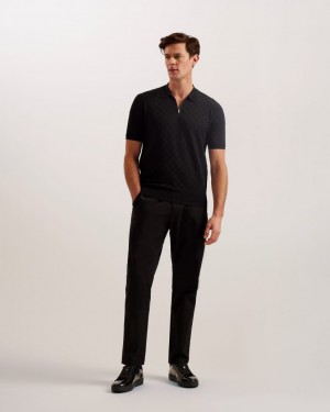 Men's Ted Baker Palton Textured Knit Zip Polo Shirts Black India | GDM-7721