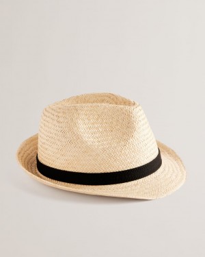 Men's Ted Baker Panns Straw Trilby With Webbing Trim Hat Beige India | OMI-7344