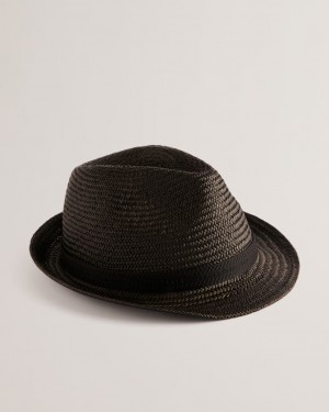 Men's Ted Baker Panns Straw Trilby With Webbing Trim Hat Black India | JPG-1119