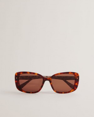 Women's Ted Baker Summari Tortoiseshell Wide Rectangle Sunglasses Brown India | PIB-6205