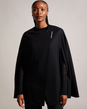 Women's Ted Baker Valariy Melton Wool Cape Coat Black India | UQO-0069