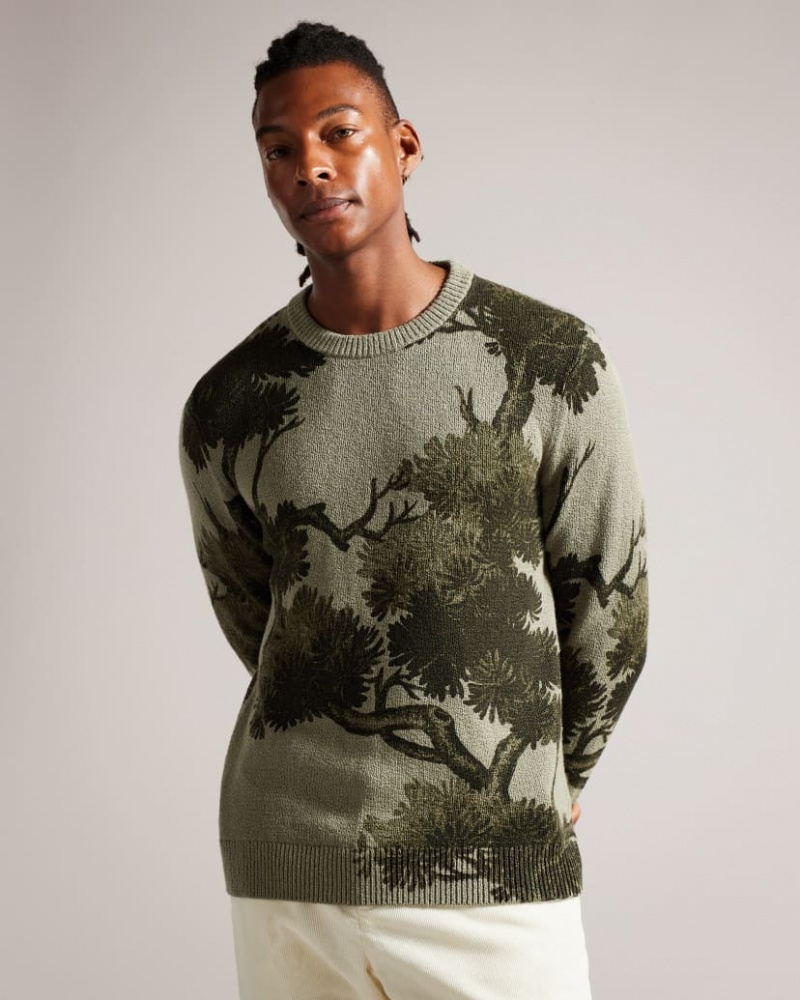 Men\'s Ted Baker Merson Jacquard Crew Neck Jumpers Green India | RKW-4547