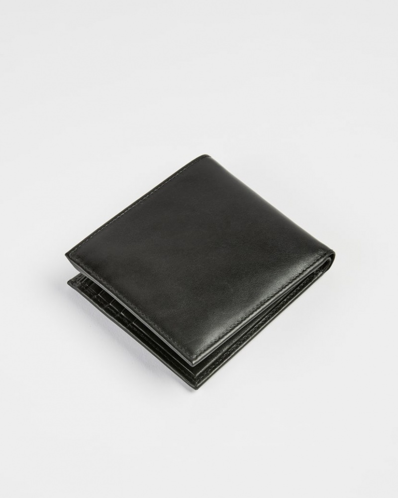 Men's Ted Baker Prug Leather Bifold With Coin Pocket Wallet Black India | SDQ-4676