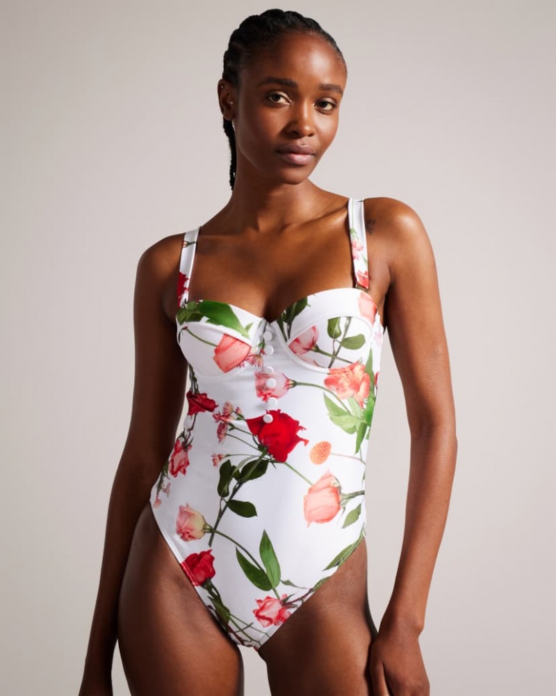 Women's Ted Baker Laranaa Floral Cupped Swimsuit Swimwear White India | IRN-7878