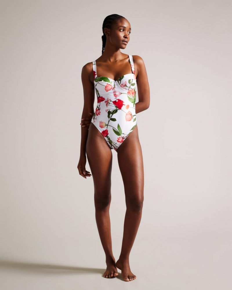 Women\'s Ted Baker Laranaa Floral Cupped Swimsuit Swimwear White India | IRN-7878